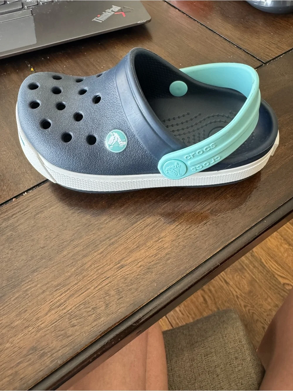 CROCS Kids Navy Clogs with Mint Heel Strap